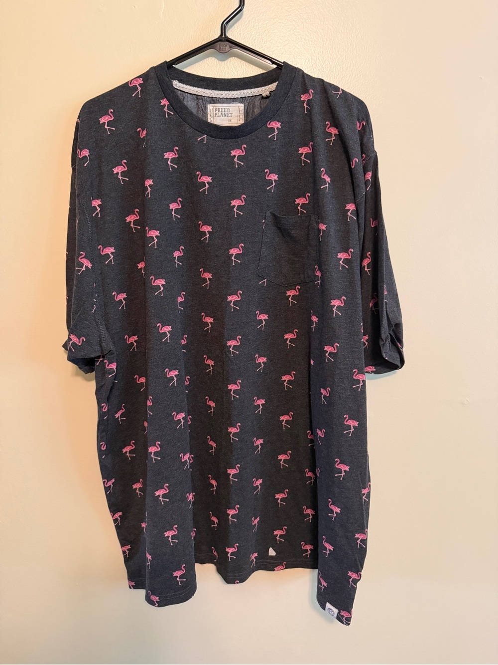 Free Planet Black Short Sleeve Tee with Pink Flamingo Print
